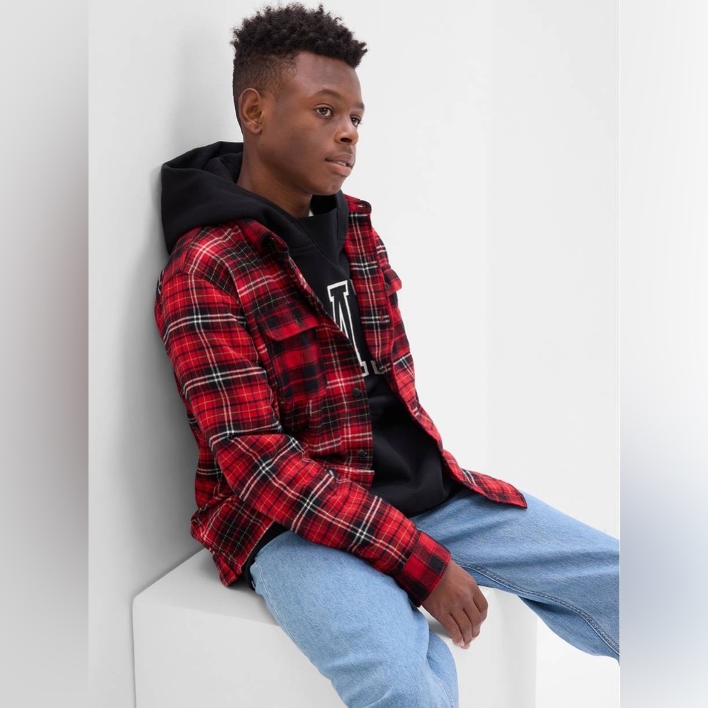 Gap Teen 100% Organic Cotton Flannel Shirt Red- Size 14/16 NWT!!